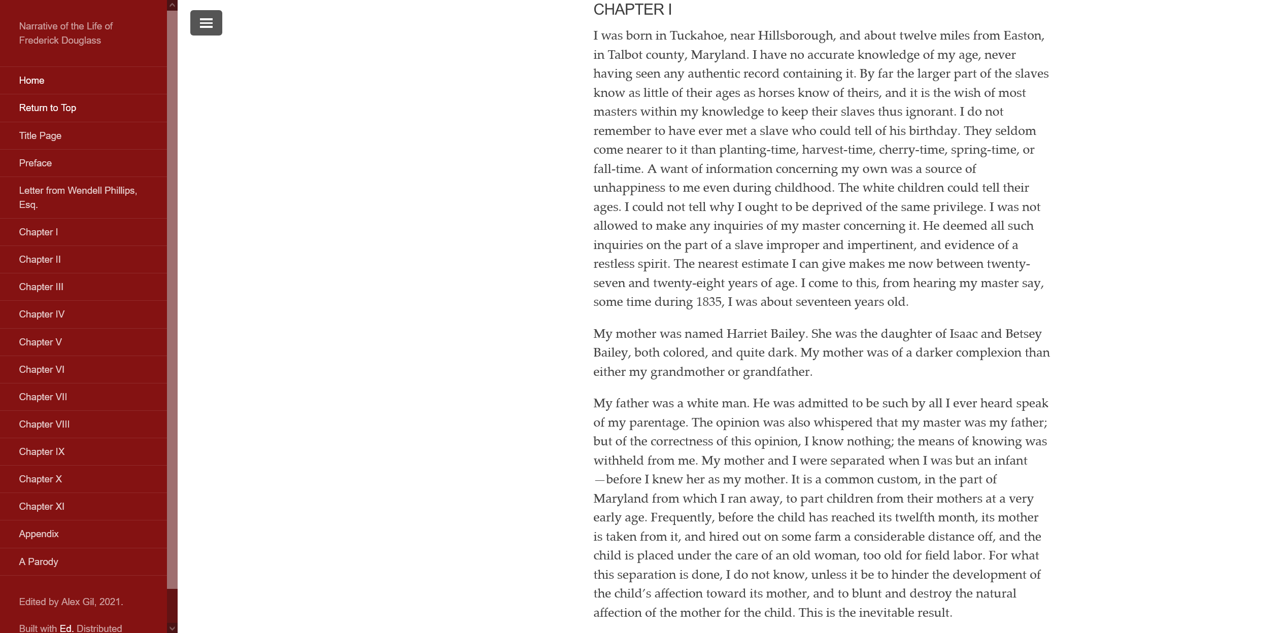 The Ed. version of Narrative of the Life of Frederick Douglass showing sidebar chapter browsing feature
