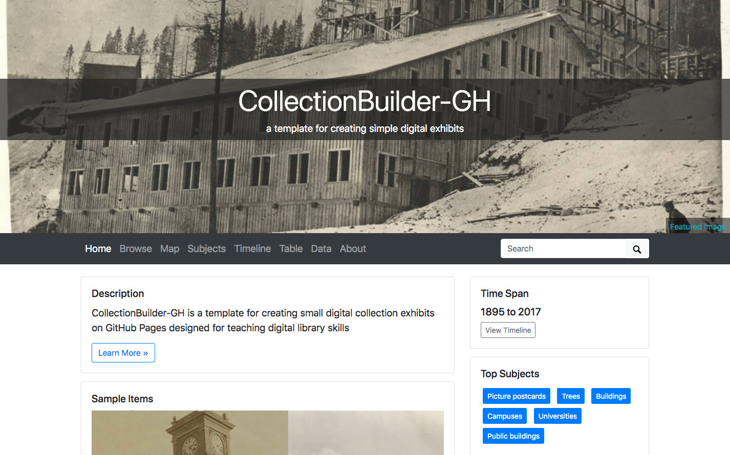 example collectionbuilder-gh home page showing navigation features