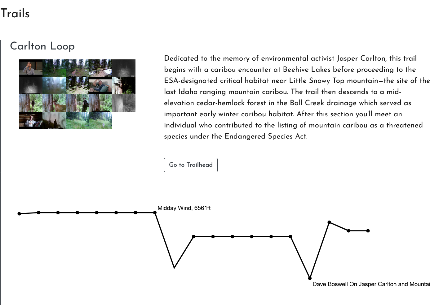 A screenshot of the trails page on the Storying Extinction website